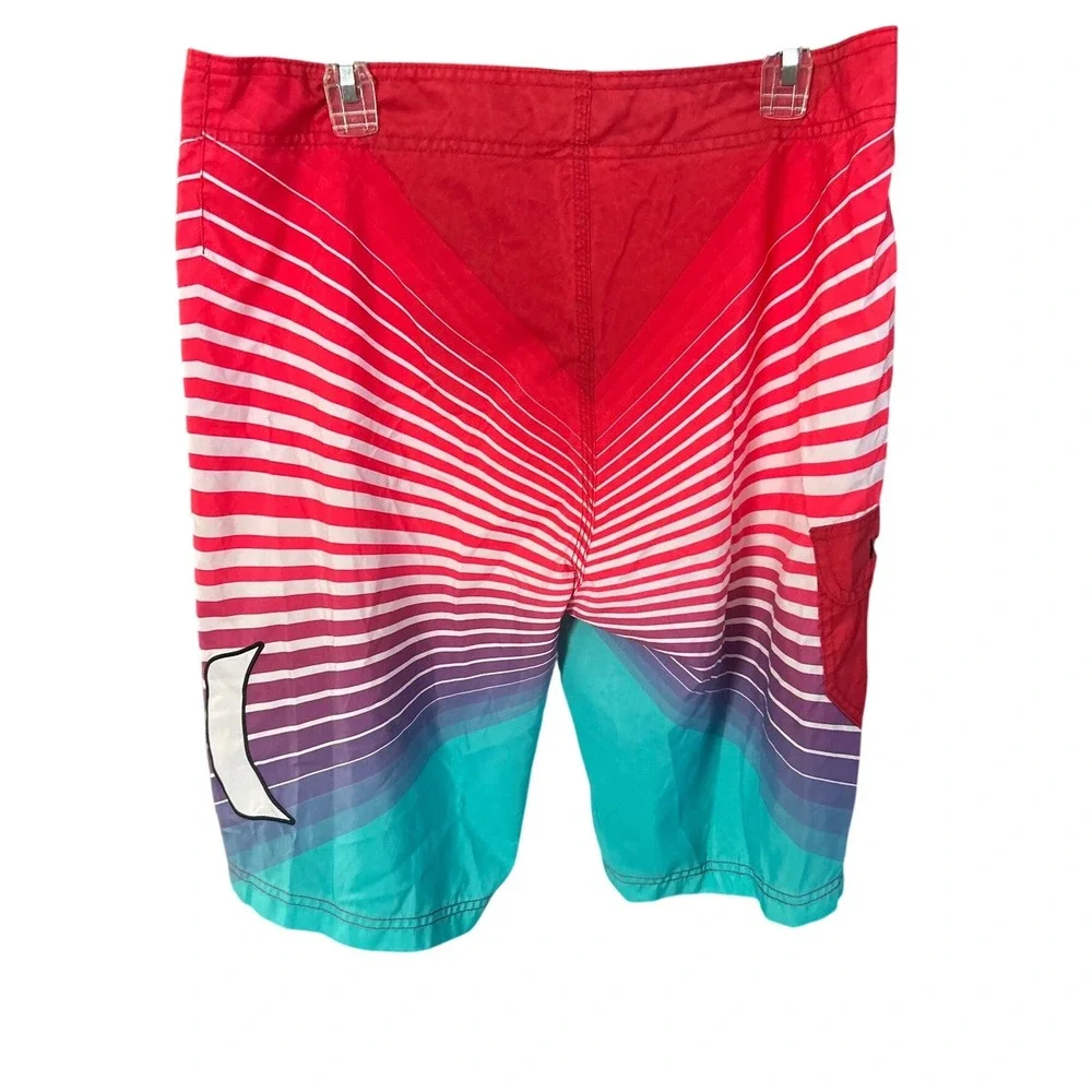 Hurley Mens Board Short Size 34 Red Teal Sunburst Striped Swim Trunks MBS0004710